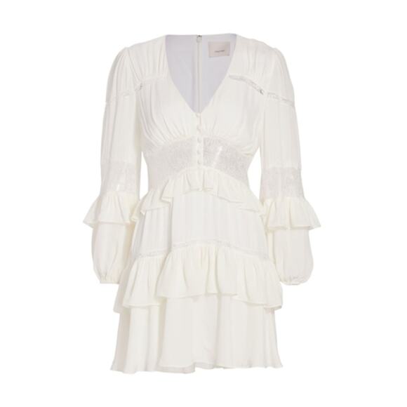 EUC Cinq à Sept Sanya Dress Ivory 100% Silk Tiered Mini Dress Size 6 Ruffle Lace - Picture 12 of 16